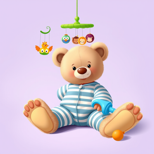 Create a vibrant digital illustration featuring a playful teddy bear in a striped outfit, cartoonish baby feet, a colorful mobile with cheerful animals, and a blue rattle, with a soft lavender background, shot with a 50mm lens, f/1.8 aperture, in natural light to enhance colors and details.