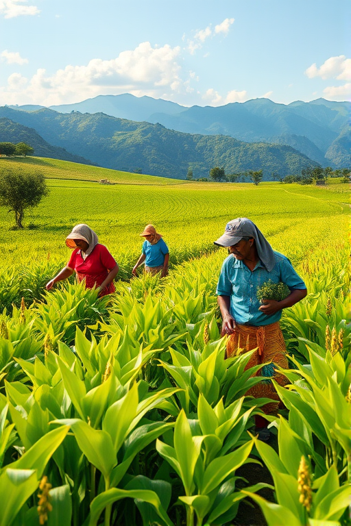 Create a vibrant illustration of diverse agricultural workers harvesting crops in a lush green landscape with mountains in the background, using a Canon EOS R5 with a 24-70mm f/2.8 lens, aperture set to f/8, ISO 100, and a shutter speed of 1/250 sec, shot from a slightly elevated angle to capture the depth of the scene and enhance the overall vibrancy and detail.