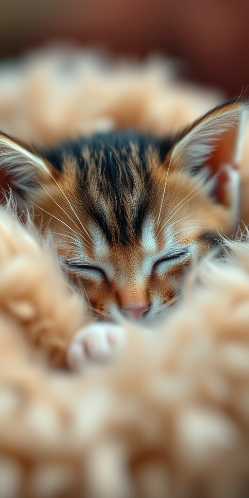 A close-up of a sleeping kitten nestled among soft fur, with a warm, blurred background; use a DSLR camera, f/2.8 aperture, 50mm lens, ISO 200, natural light to create a shallow depth of field and enhance softness and warmth.