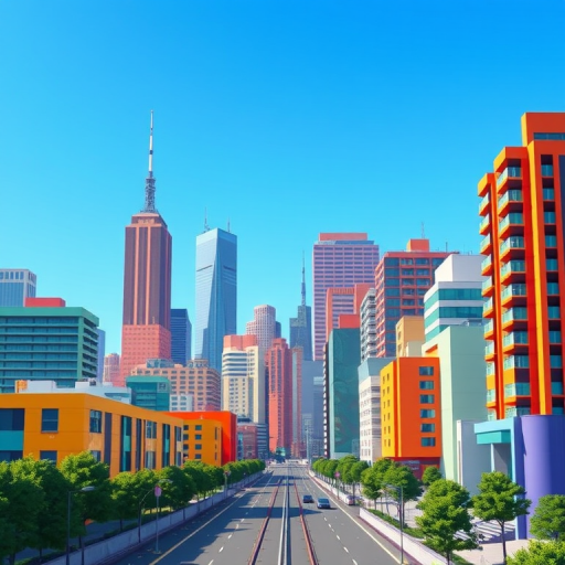 generate a vibrant city skyline illustration with colorful geometric buildings, include a clear blue sky background, use a digital art style, set camera settings to f/8 aperture, ISO 200, and 1/250 shutter speed, ensure a wide-angle view with a slight tilt for dynamic perspective, type camera: digital illustration.