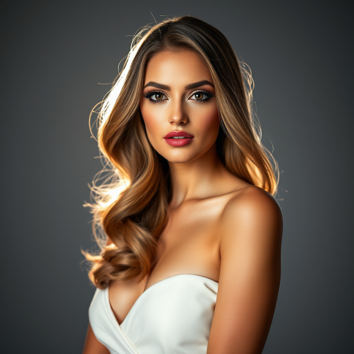 Studio portrait, female model, elegant couture dress, bold makeup, dramatic lighting, Utilize a 50mm portrait lens for crisp details and a soft background blur, 8k