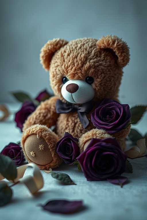 Create a moody still life composition featuring a plush teddy bear surrounded by dark purple roses and leaves, use a Canon EOS R5, 50mm lens, aperture f/1.8, ISO 100, shutter speed 1/125s, soft lighting to enhance textures and colors.