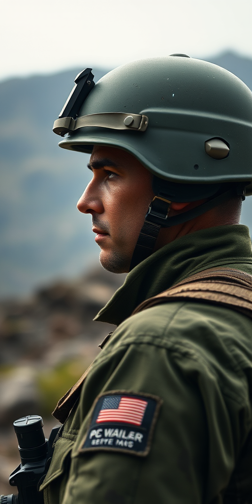 portrait of a soldier in a green uniform and helmet, profile view, high-resolution, shallow depth of field, 50mm lens, f/1.8, ISO 100, natural light, cinematic style, digital painting quality, soft focus background, rugged terrain backdrop
