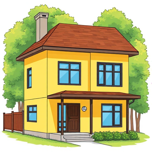 A detailed illustration of a modern yellow house with blue windows and a brown roof, surrounded by green trees, captured with a DSLR camera at f/8 aperture, 1/250 shutter speed, ISO 100, using a 24mm lens, in natural daylight.