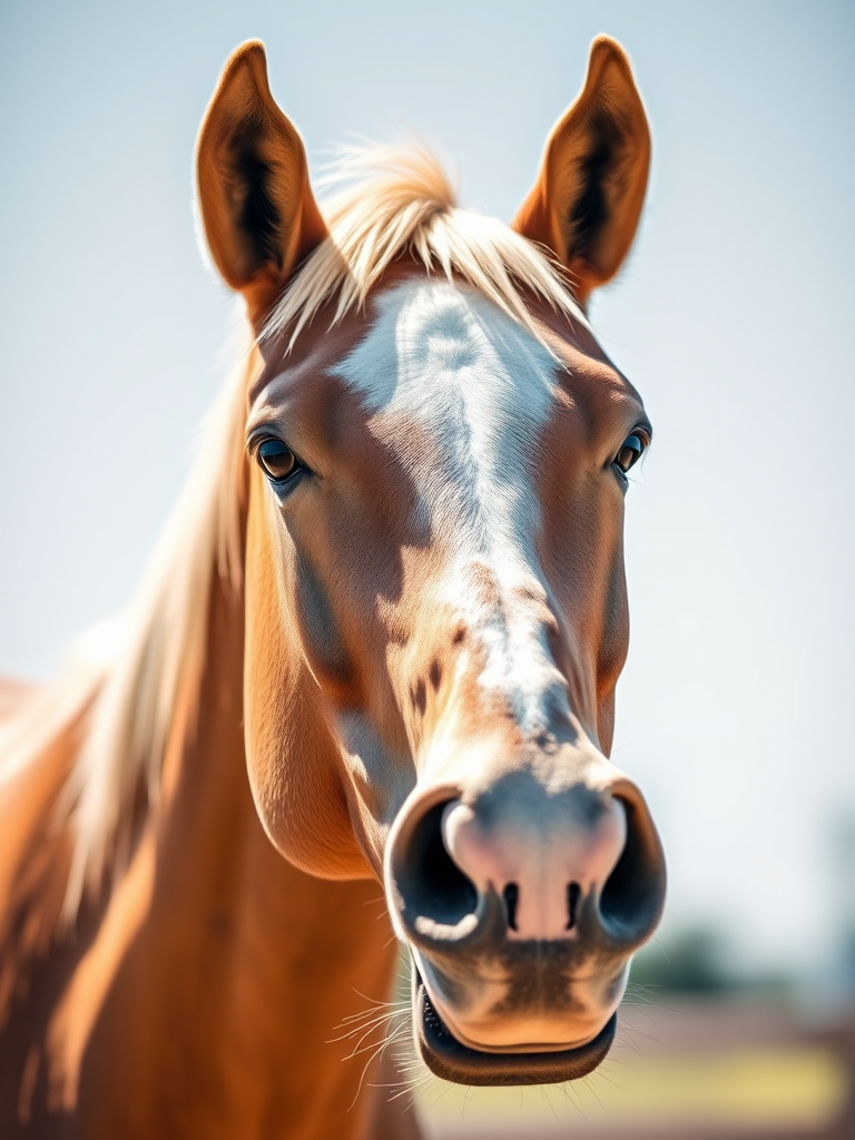 Create a high-quality image of a horse with a focus on its head and facial features, shot in bright daylight using a Canon EOS 5D Mark IV with an aperture of f/2.8, shutter speed of 1/500, ISO 100, at a 50mm lens, maintaining a shallow depth of field for a soft background blur.