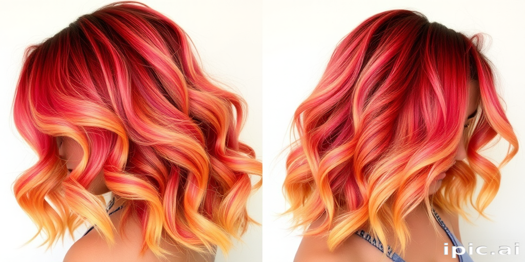 Tropical Sunset Ombre combining warm shades of orange, pink, and yellow in a gradient effect, styled in voluminous beach waves with a deep side part