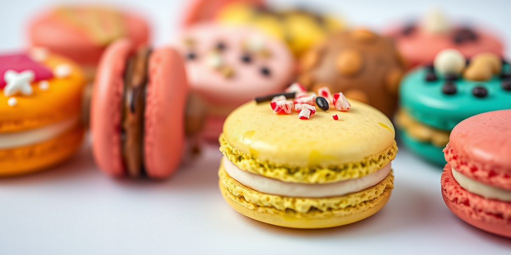 macro shot of colorful macarons with assorted toppings on a white background, aperture f/2.8, ISO 200, shutter speed 1/200s, natural light, DSLR camera, shallow depth of field, vibrant colors