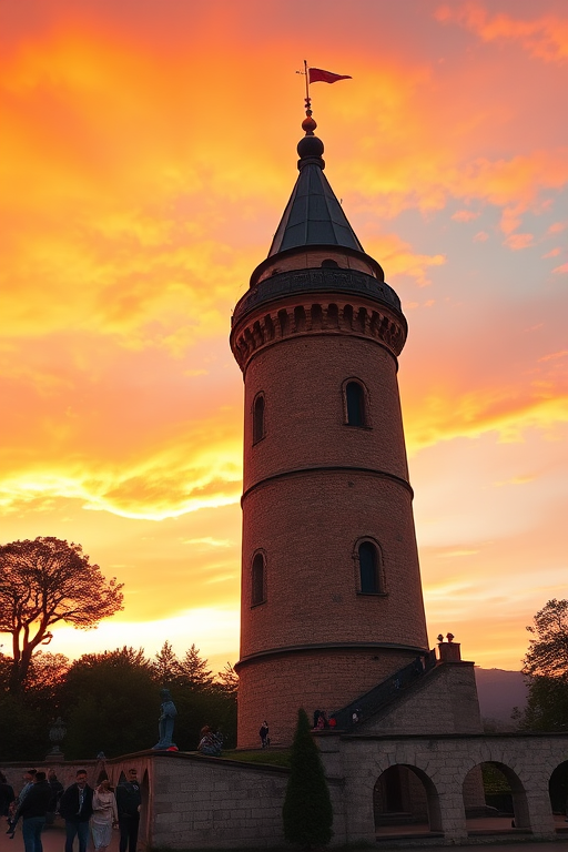 Create an image of a historic tower in a vibrant sunset, captured with a DSLR camera at f/8 aperture, 1/125 sec shutter speed, ISO 200, 24mm focal length, wide-angle view, and vivid color saturation.