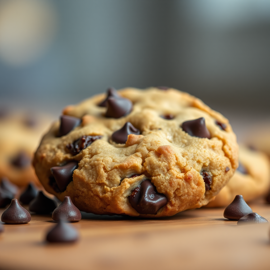 Generate a high-resolution image of a chocolate chip cookie, close-up view, with a shallow depth of field, natural lighting, ISO 100, aperture f/2.8, shutter speed 1/60, DSLR camera.