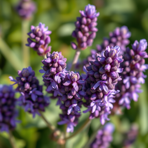 Create an illustration of multiple clusters of lavender flowers in various stages of bloom with vibrant colors and detailed textures, focusing on realistic shading and highlights, captured from a close-up perspective using a DSLR camera with a 50mm lens, aperture set to f/2.8, ISO 100, and natural lighting to enhance image quality.