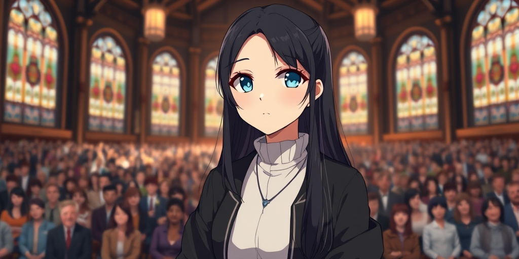 Create an anime-style image of a young woman with long black hair and blue eyes, wearing a black jacket and a white turtleneck, standing on a stage in front of a large audience in a grand hall with stained glass windows, captured with a Canon EOS 5D Mark IV, 85mm lens, f/1.8 aperture, ISO 100, with soft lighting and a focus on the character's expression.
