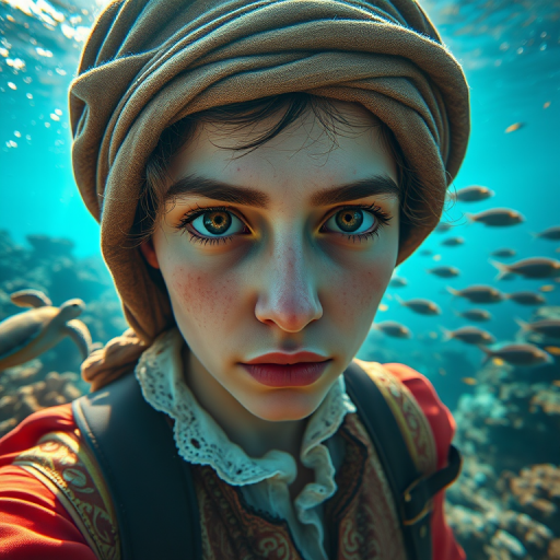 Realistic selfie image of a Coptic, wearing a vintage outfit, detailed dreamy eyes, droopy hooded eyes, staring at the camera, taken underwater at coral reef with a sunbeam filtering through the water, vibrant, summer vacation, natural lighting, turtle and school of tropical fish with vibrant colors, rendered in the style of CryEngine, Pegi Nicol MacLeod, with realistic genre scenes, hauntingly beautiful narratives, ultra-realism, and Thomas Saliot's close-up technique, 8K resolution, crystal clear and sparkling water.