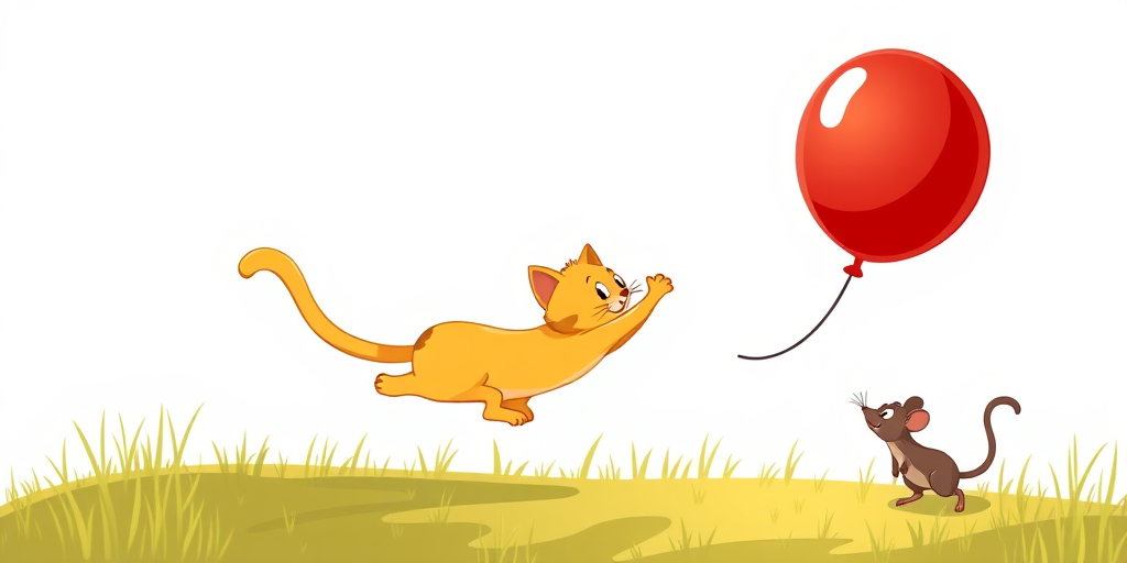Illustrate a playful scene featuring a cartoon-style yellow cat jumping towards a bright red balloon, with a small brown mouse watching curiously; use a DSLR camera with a 50mm lens, f/2.8 aperture, ISO 100, and natural lighting for enhanced vivid colors and details.