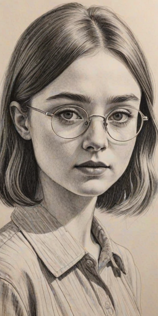 Magnificent Jessica Barden, pencil sketch, portrait of Gorgeous woman 1925s in glasses, hair style beatnik, outline, clear lines, fine lines, 8k