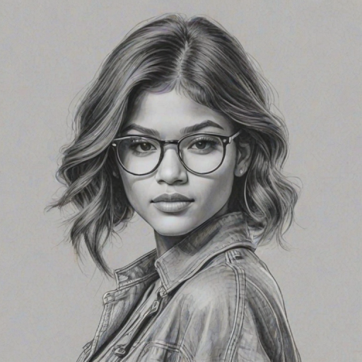 Ravishing Zendaya, pencil sketch, portrait of Resplendent woman 1971s in glasses, hair style beatnik, outline, clear lines, fine lines, 8k