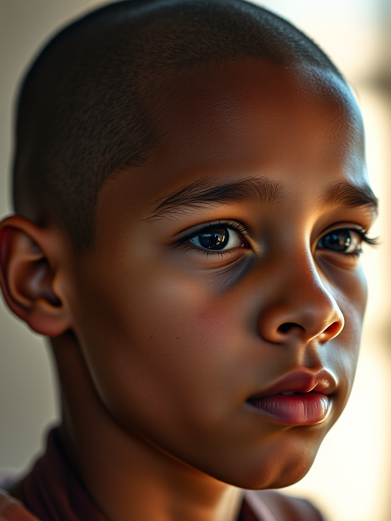 portrait of a young person with a shaved head in soft natural light, captured with a Canon EOS R5 at f/1.8, ISO 100, with a 50mm lens, shallow depth of field and a focus on facial features, style emphasizing emotional expression and raw realism