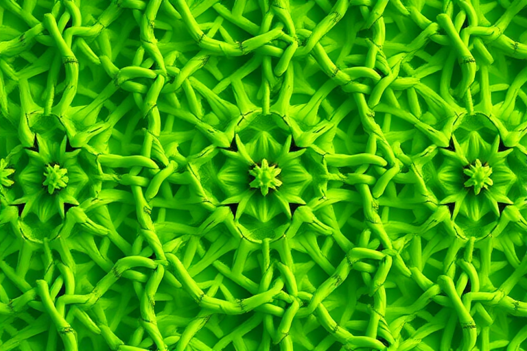 Create a vibrant repeating pattern of abstract shapes resembling molecular structures in varying shades of green, using a Canon EOS 5D Mark IV, f/4 aperture, 1/125 s shutter speed, ISO 100, taken from a top-down view with a macro lens for enhanced detail.