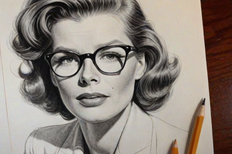 Ravishing Katharine Hepburn, pencil sketch, portrait of Captivating woman 1943s in glasses, hair style beatnik, outline, clear lines, fine lines, 8k