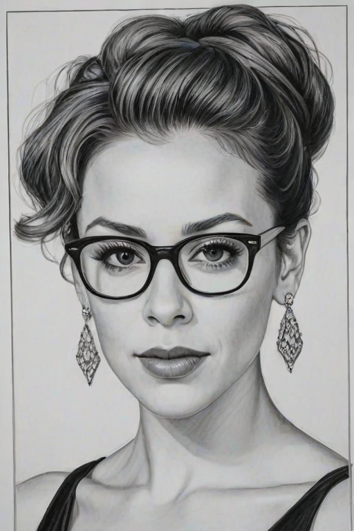 Magnificent Alyssa Milano, pencil sketch, portrait of Exquisite woman 1929s in glasses, hair style beatnik, outline, clear lines, fine lines, 8k
