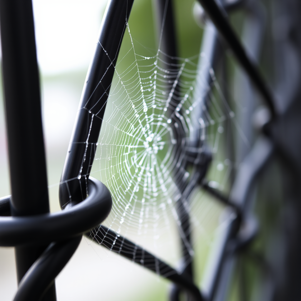 Close-up of a dew-covered spider web on a black chain-link fence, natural lighting, shallow depth of field, aperture f/2.8, ISO 100, 50mm lens, DSLR camera, focus on the web, soft bokeh background.