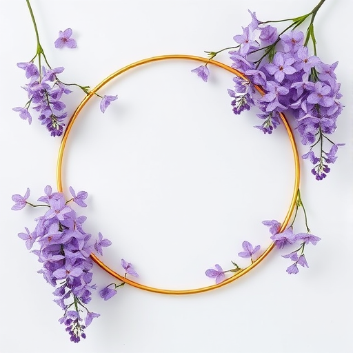 Create a minimalist floral design featuring purple wisteria flowers arranged around a circular gold frame, shot with a DSLR camera, aperture f/2.8, shutter speed 1/125s, ISO 100, top-down view, natural light for enhanced image quality.
