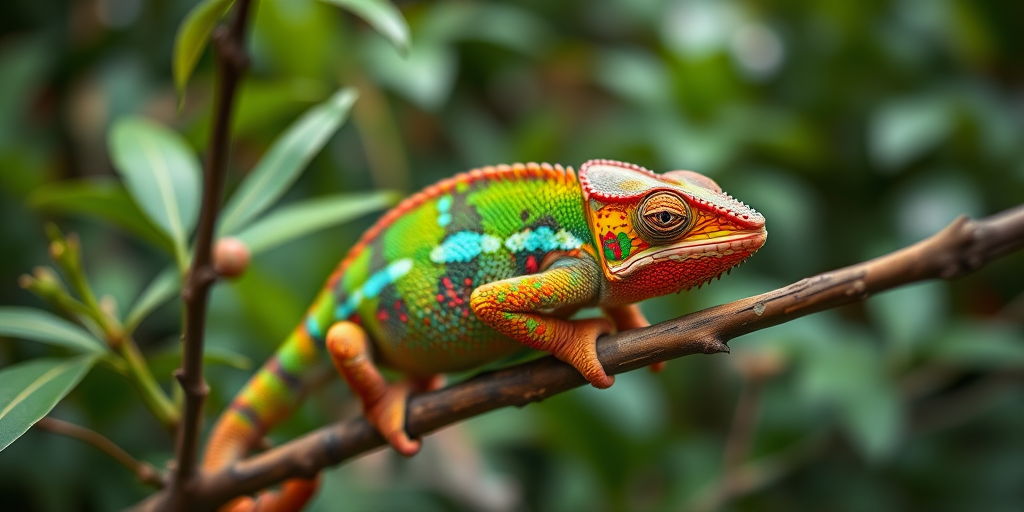 chameleon perched on a branch in a lush green environment, vibrant colors with detailed scales, shallow depth of field, natural light, macro lens, ISO 100, aperture f/2.8, shutter speed 1/200s, DSLR camera