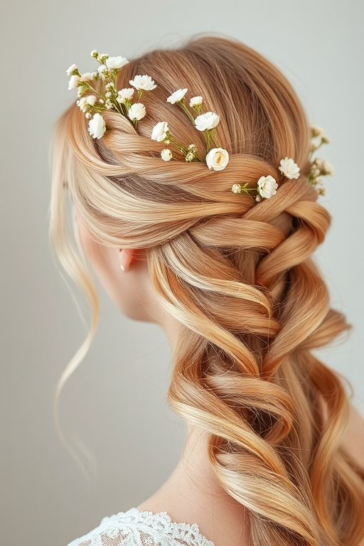 Romantic Rose Gold Braided Crown adorned with delicate baby's breath flowers, soft pastel pink tones melting into warm peach hues, creating an enchanting and feminine hairstyle