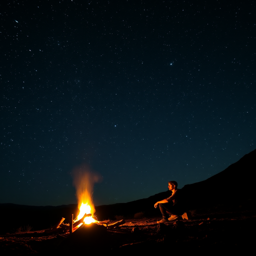 Dramatic night sky filled with stars, a lone figure sitting by a campfire in a remote location, the glow of the fire illuminating their face, creating a sense of adventure and solitude.