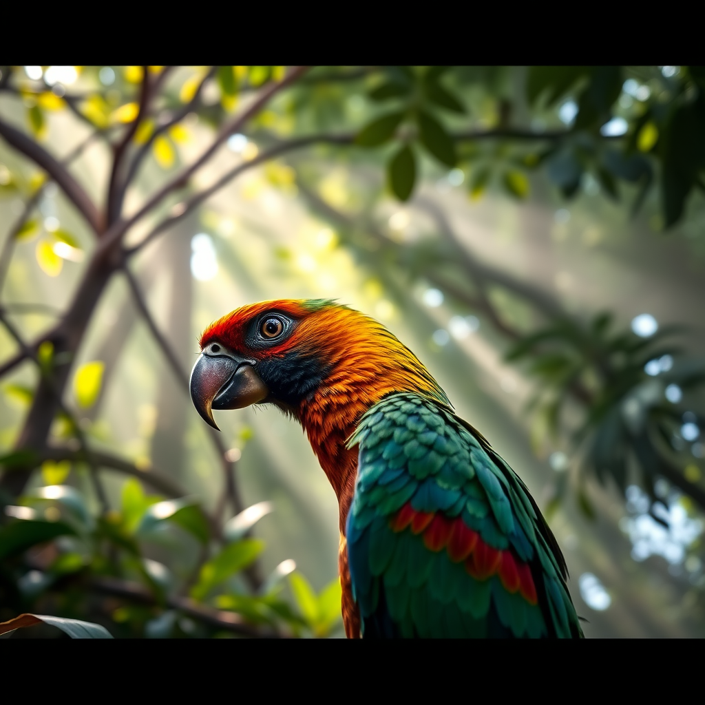Create a majestic image of a bird with vibrant plumage in a lush, misty jungle setting, capturing its detailed feathers and piercing eyes, using a DSLR camera at f/2.8 aperture, ISO 100, 1/200 second shutter speed, taken from a low angle to emphasize the bird against a softly blurred background of foliage and dappled sunlight.