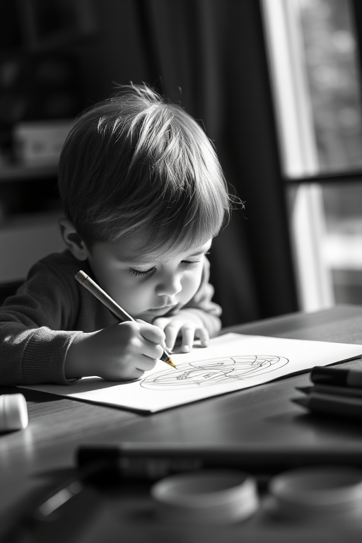 A young child intensely focused on drawing at a table, soft natural light illuminating the scene, shot with a DSLR camera, 50mm lens, f/1.8 aperture, ISO 100, 1/200s shutter speed, in black and white for dramatic effect.