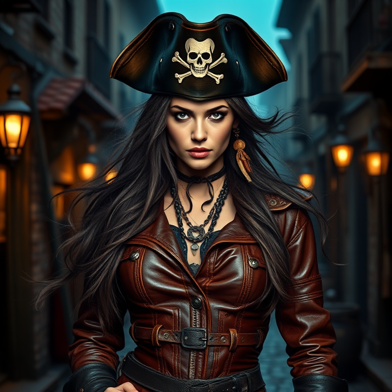Create a portrait of a fierce female pirate. She wears a leather tricorn hat adorned with a skull and crossbones emblem, and her long, dark hair flows around her face. Her outfit consists of a richly detailed leather jacket, a corset, and multiple layers of belts and accessories, giving her a formidable and stylish appearance. She stands confidently in a dimly lit, historic port town, with a backdrop of weathered buildings and cobblestone streets, capturing the adventurous spirit of a pirate.