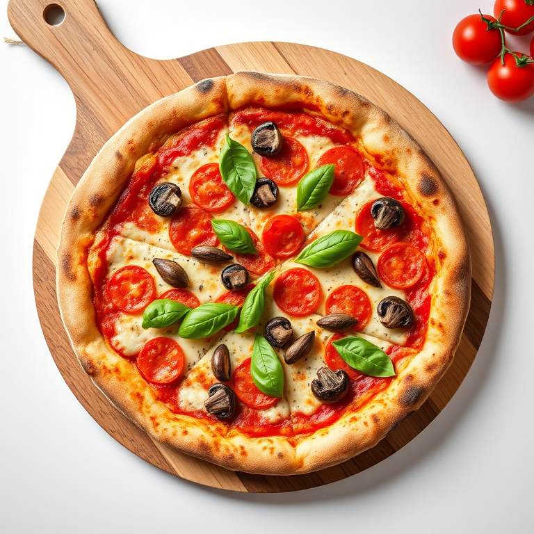 generate an image of a freshly baked pizza topped with pepperoni, mushrooms, and basil leaves on a wooden pizza board with a white background, taken with a DSLR camera at f/4 aperture, 1/60 shutter speed, ISO 100, top-down view, and natural lighting to enhance image quality.