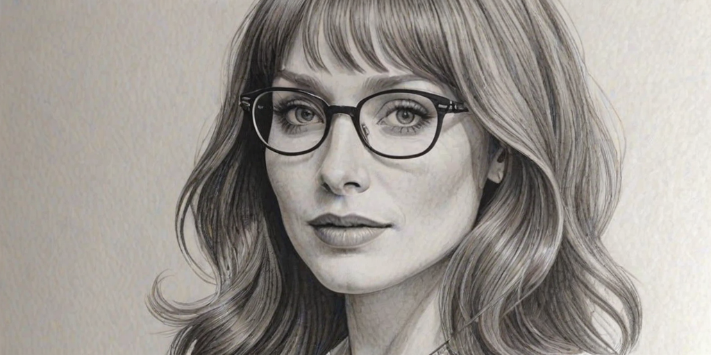 Enchanting Bryce Dallas Howard, pencil sketch, portrait of Graceful woman 1971s in glasses, hair style beatnik, outline, clear lines, fine lines, 8k