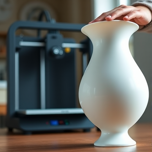 A close-up shot of a person holding a freshly printed white vase, with a 3D printer in the foreground on a wooden table, natural lighting, aperture f/2.8, shutter speed 1/60s, ISO 100, DSLR camera, shallow depth of field.