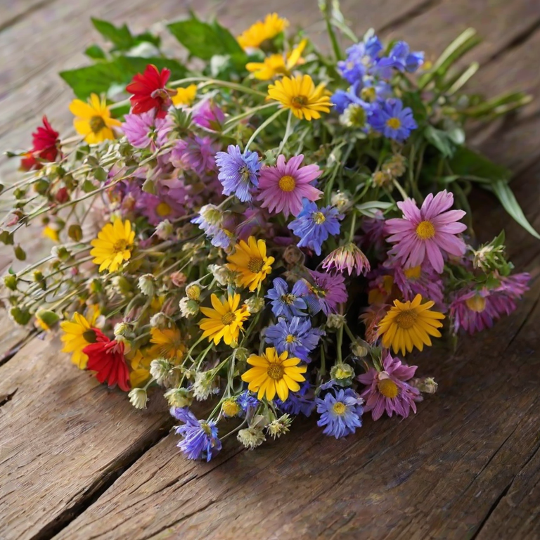 Close-up of a freshly picked bouquet of wildflowers on a rustic wooden table, soft morning light illuminating the vibrant colors, with a faint breeze gently rustling the petals.