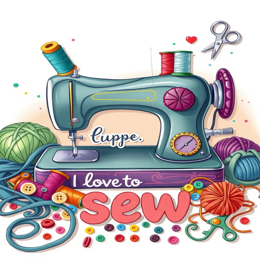 create a vibrant illustration of a retro sewing machine surrounded by colorful sewing materials like spools of thread, buttons, scissors, and yarn with the text I love to sew, captured in high resolution using a Canon EOS R5 with a 50mm f/1.8 lens at f/2.8, natural lighting, and a slight overhead angle for depth.