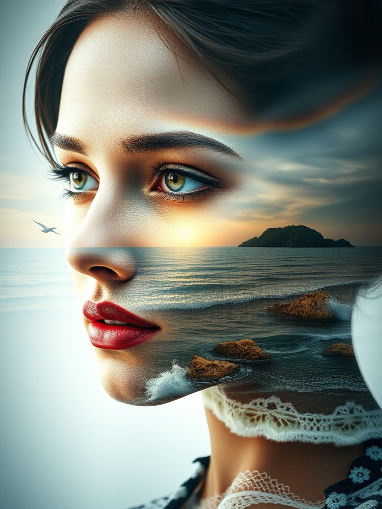 this picture is Book cover, A surreal double exposure portrait that blends a woman's face with a beautiful seascape. The overall mood is dreamy and mystical, with rich colors and intricate details