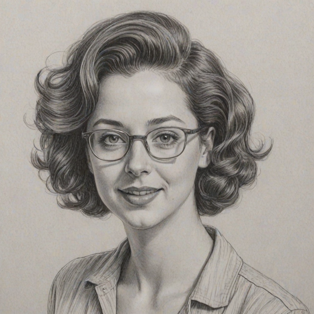 Magnificent Kristen Schaal, pencil sketch, portrait of Appealing woman 1958s in glasses, hair style beatnik, outline, clear lines, fine lines, 8k