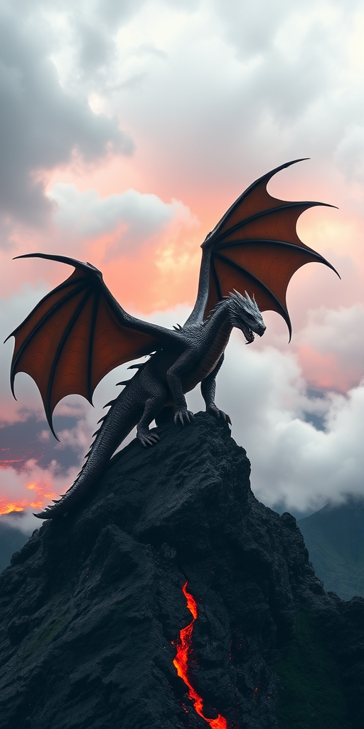 High-resolution fantasy image of a fierce dragon perched on a volcanic mountain, with dramatic clouds and fiery lava in the background, shot with a DSLR camera using a 50mm lens at f/1.8, ISO 200, and a shutter speed of 1/250 seconds, using an overcast lighting style to enhance detail and contrast.