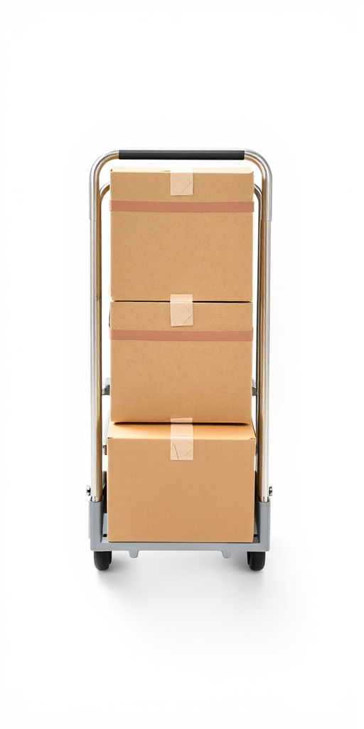 cart with three stacked boxes on a white background, taken with a DSLR camera, aperture f/8, shutter speed 1/125s, ISO 100, top-down view for clear visibility, enhanced with soft lighting for detail.