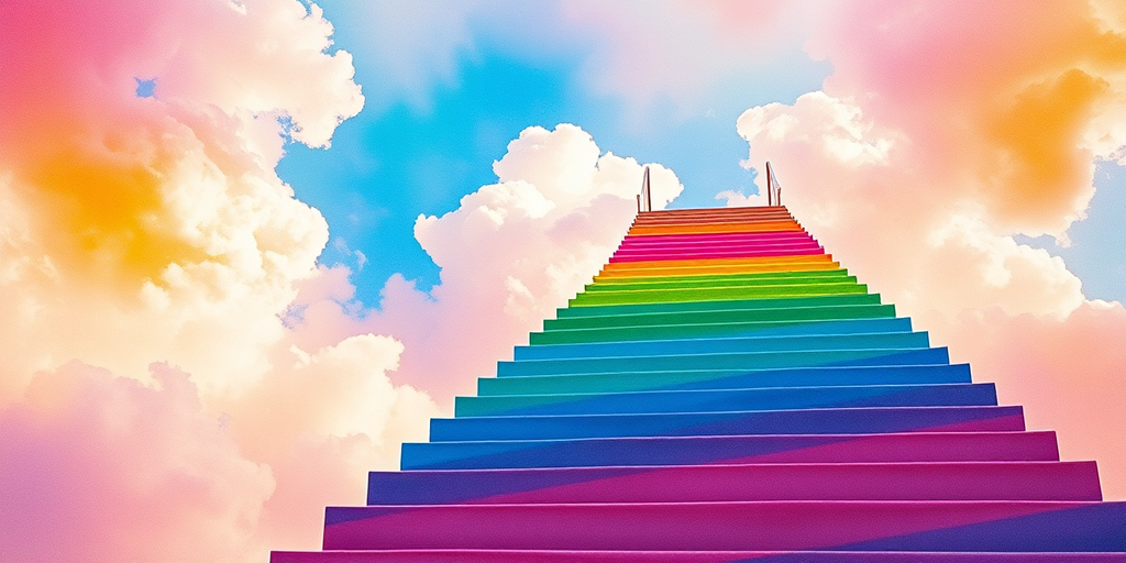 create a vibrant watercolor image of a rainbow staircase leading up into a colorful sky filled with fluffy clouds, captured with a Canon EOS R5 at f/8, ISO 100, 1/250s, using a wide-angle lens with a soft focus effect for dreamy quality