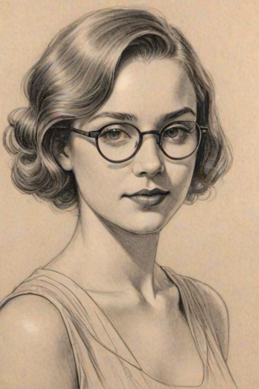 Alluring Morgan Saylor, pencil sketch, portrait of Radiant woman 1928s in glasses, hair style beatnik, outline, clear lines, fine lines, 8k