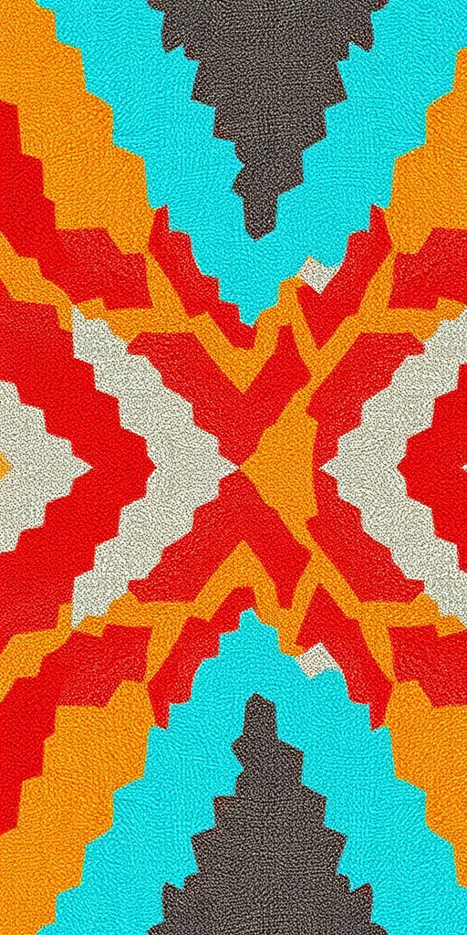 Create a vibrant zigzag pattern with alternating colors of red, turquoise, yellow, and gray, using a Nikon D850 camera, 50mm lens, f/2.8 aperture, ISO 100, 1/60 shutter speed, top-down view, and HDR style for enhanced detail and color depth.