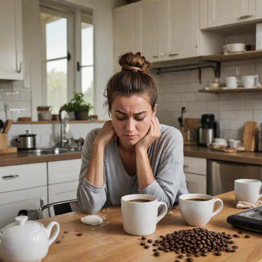 A portrait capturing a humorous and relatable scene of morning exhaustion. A woman with a messy bun, is slumped over a kitchen table, head resting on the surface in apparent fatigue. Despite their exhaustion, they are attempting to pour coffee from a pot, but instead of pouring the coffee into the mug she is pouring it onto the kitchen table. The kitchen setting is minimal, with simple countertops and a tiled backsplash in the background. Scattered coffee beans and an empty cup add to the sense of early morning chaos. The overall mood is lighthearted, portraying the struggle of waking up and the desperate need for coffee in a comedic yet relatable way.