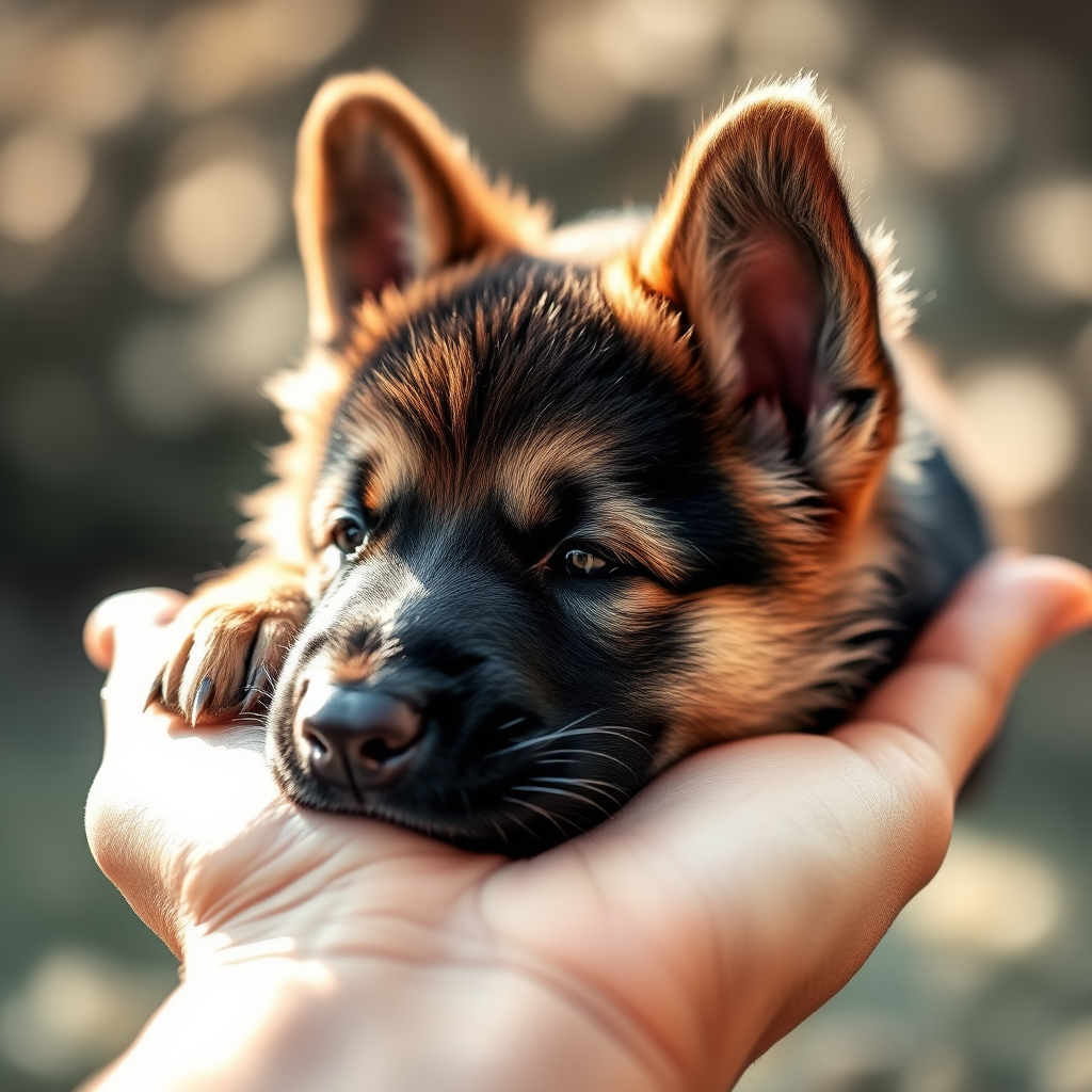 A close-up photograph of a German Shepherd puppy resting in an open hand, soft natural lighting, shallow depth of field with bokeh effect, taken with a DSLR camera at f/1.8, ISO 200, 1/100 sec, with a warm monochrome filter for an artistic touch.