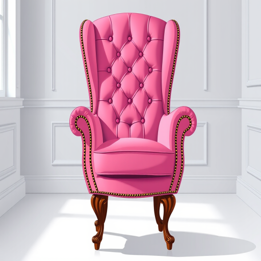 Create a high-quality illustration of an elegant pink chair with a tall, tufted back, featuring decorative buttons and ornate wooden legs, captured in a bright, well-lit setting using a DSLR camera at f/2.8 aperture, 50mm lens, and a slight vignette effect to enhance focus on the chair.