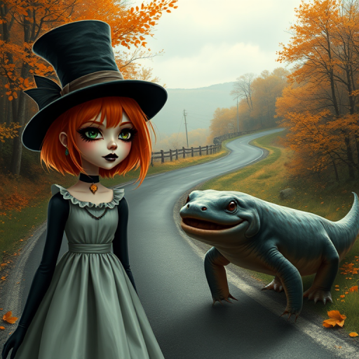 digital art fantasy depicting a strange girl with orange hair, long eyelashes, black lipstick and a tall hat walking along a winding road on an autumn afternoon, an Axolotl smiles as she passes
