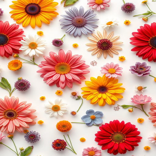 Generate a high-resolution floral pattern featuring a variety of colorful flowers on a white background, using a DSLR camera with a 50mm lens, f/2.8 aperture, ISO 100, and natural lighting.
