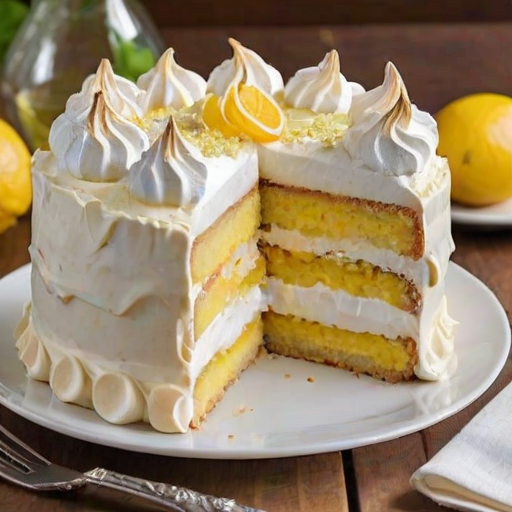 Generate an image of a beautifully layered lemon meringue cake. The cake should have a golden crust, a creamy lemon filling, and a fluffy white meringue topping. Include a slice of the cake on a plate, showcasing its layers, with some delicate flowers around the base for decoration. The background should be soft and inviting, enhancing the cake's presentation.