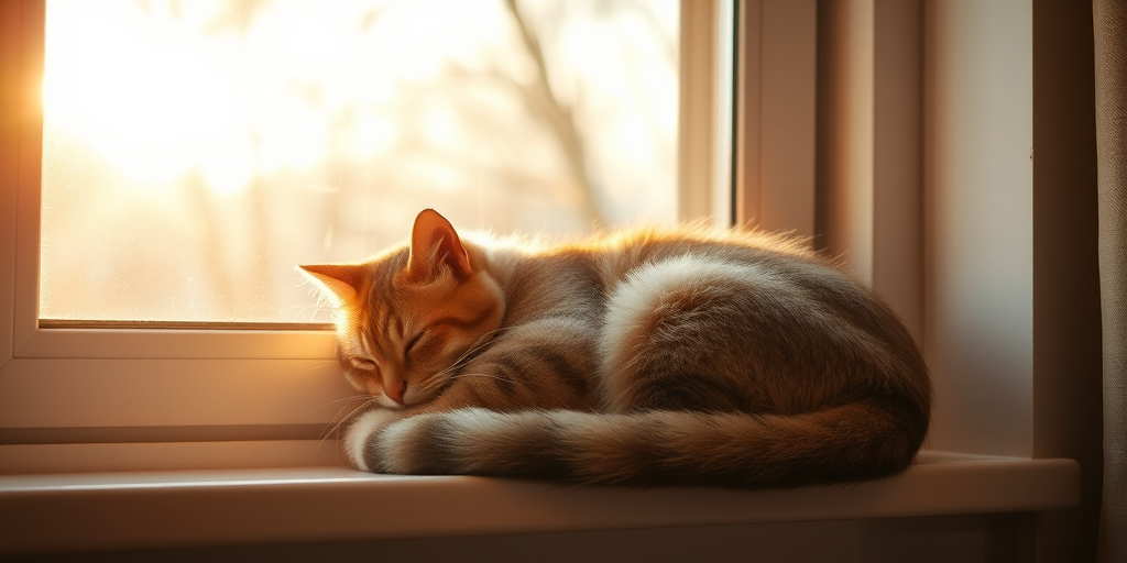 Warm, softly lit photo of a cat curled up on a windowsill, soft glow from the morning sun illuminating its fur, distant tree branches visible through the window, the sound of soft purring filling the room.